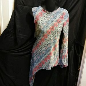 Yves  Sheer Floral Gray Blue Blouse
